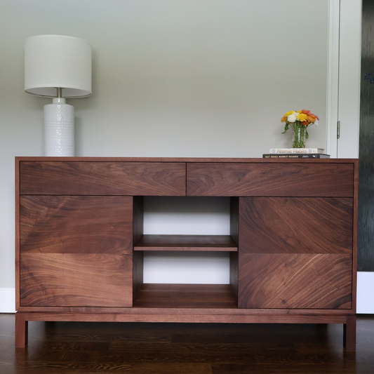 Walnut Waterfall Credenza 60″ Solid-Wood Sideboard with Powered Drawers (Also Available in Maple, Cherry, White Oak)