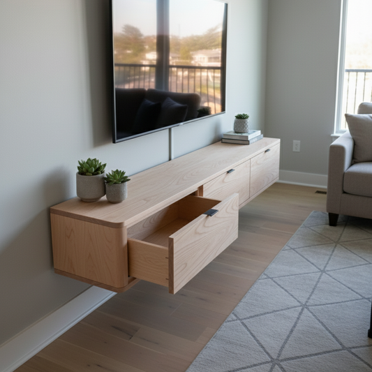 Wooden TV stand with drawers in a modern living room.