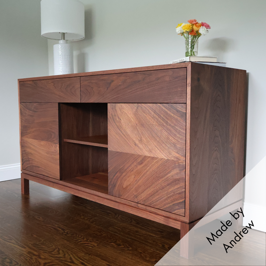 Walnut Waterfall Credenza 60″ Solid-Wood Sideboard with Powered Drawers (Also Available in Maple, Cherry, White Oak)
