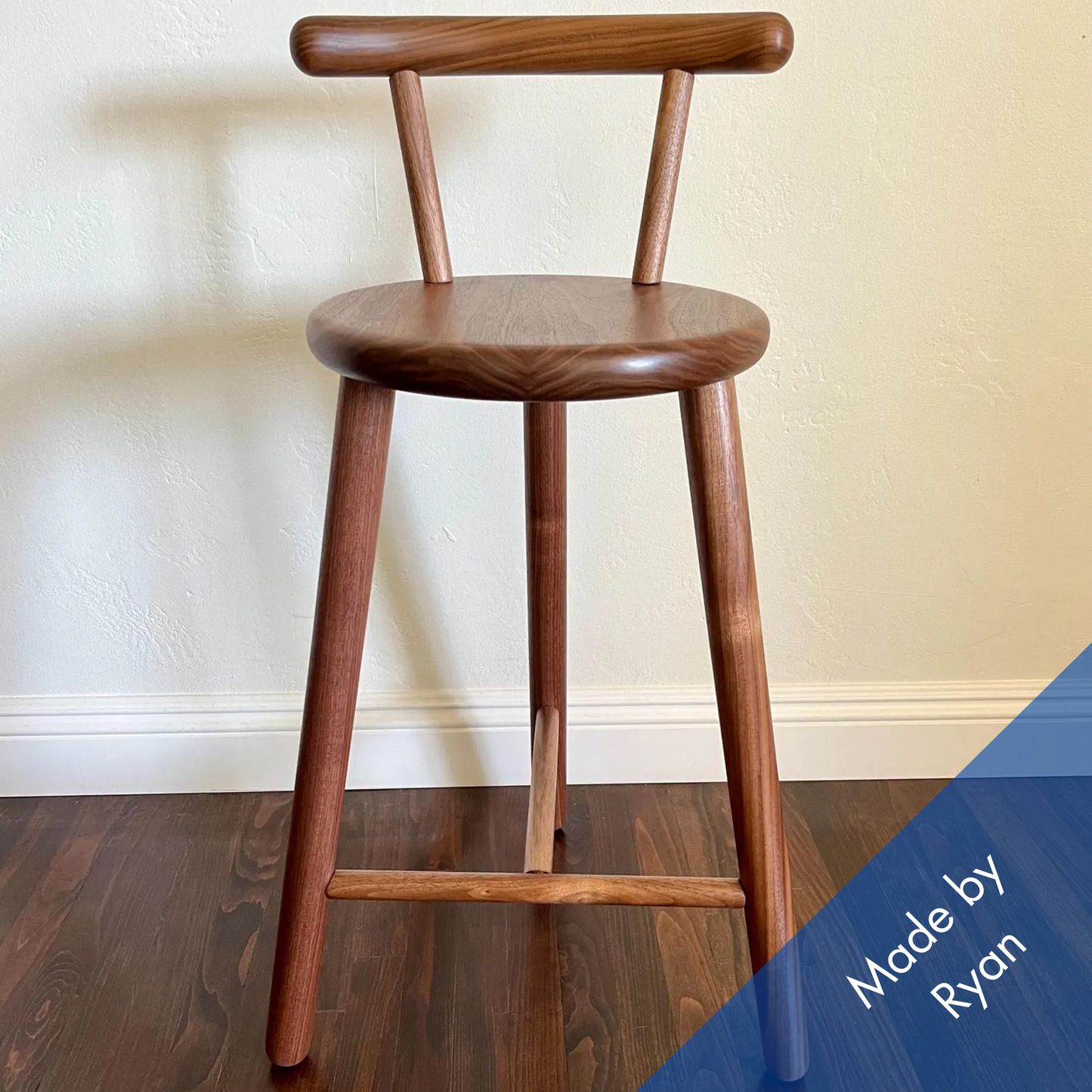 Walnut Counter Height Stool with Backrest | 25 Inch Seat Height