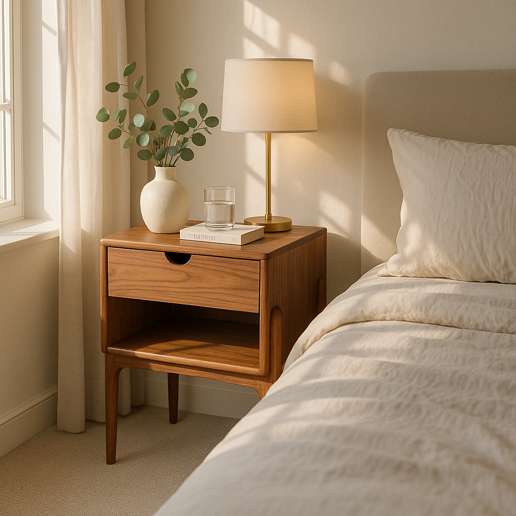 Mid-Century Walnut Nightstand – Hidden Outlet & Soft-Close Drawer