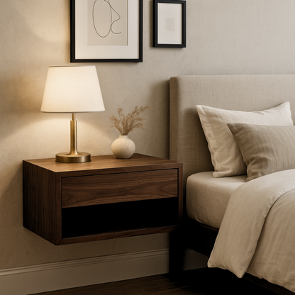 Walnut Floating Nightstand Wall Mounted Solid Wood Bedside Table