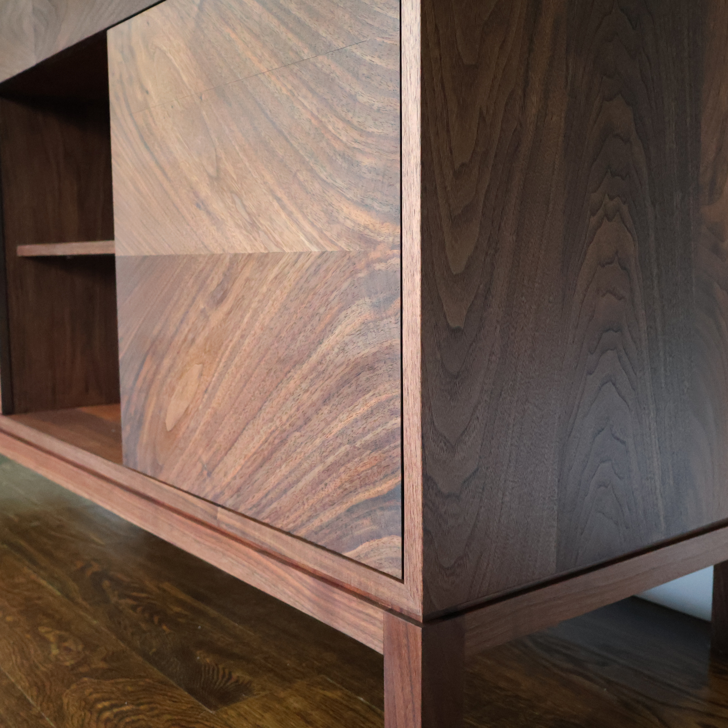 Walnut Waterfall Credenza 60″ Solid-Wood Sideboard with Powered Drawers (Also Available in Maple, Cherry, White Oak)