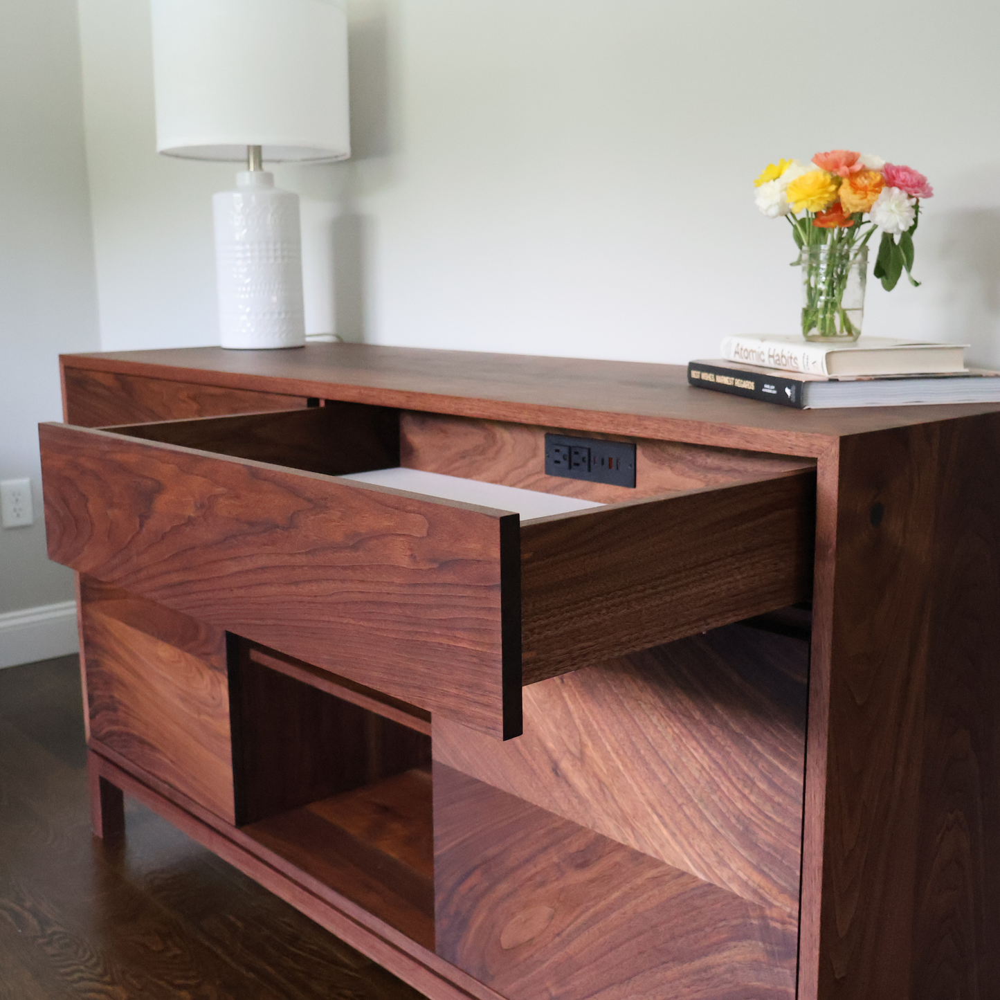 Walnut Waterfall Credenza 60″ Solid-Wood Sideboard with Powered Drawers (Also Available in Maple, Cherry, White Oak)