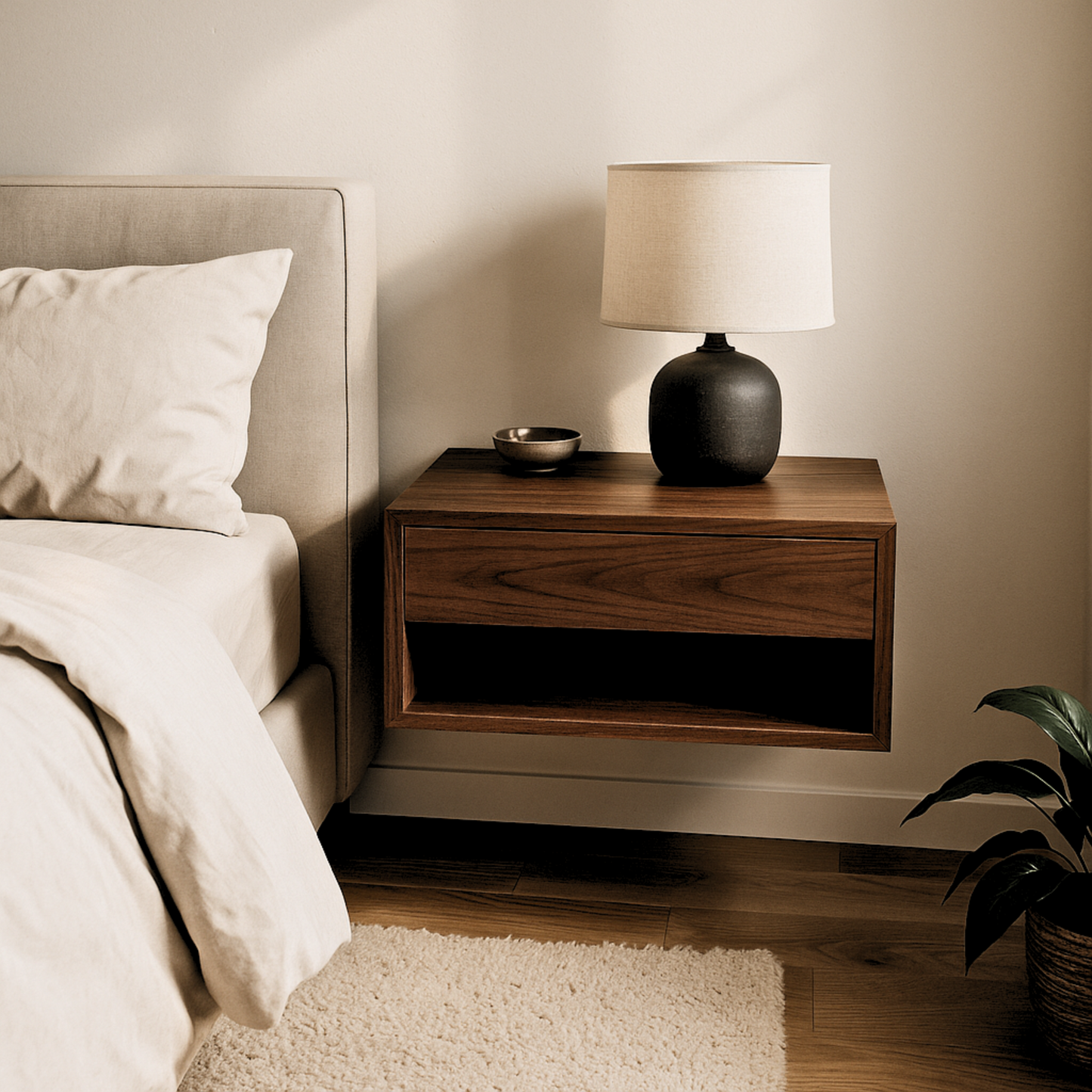 Walnut Floating Nightstand Wall Mounted Solid Wood Bedside Table