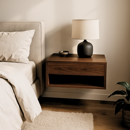 Walnut Floating Nightstand Wall Mounted Solid Wood Bedside Table