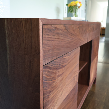 Walnut Waterfall Credenza 60″ Solid-Wood Sideboard with Powered Drawers (Also Available in Maple, Cherry, White Oak)