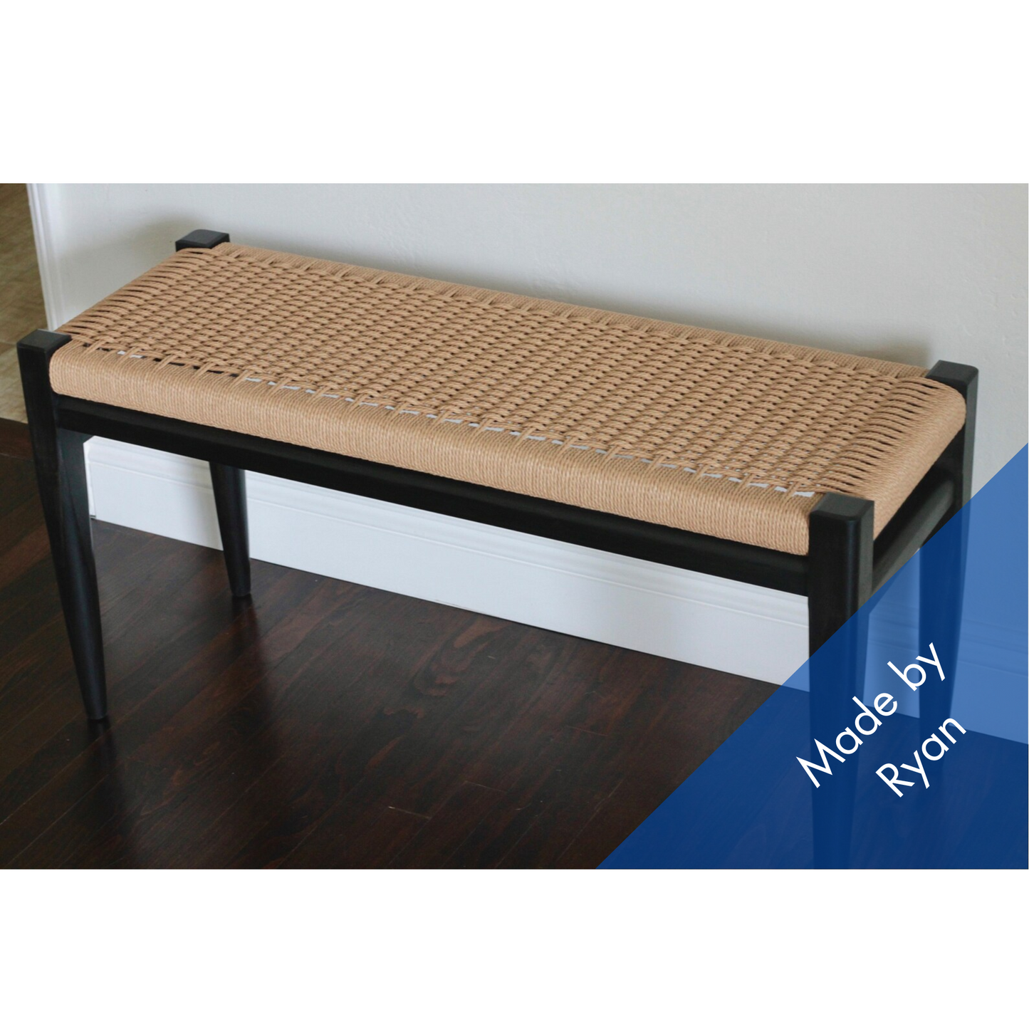 Black Stained Ash Danish Cord Bench – Handmade Solid Maple Seating