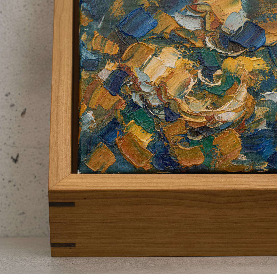 Close-up of a wooden frame with a colorful abstract painting inside