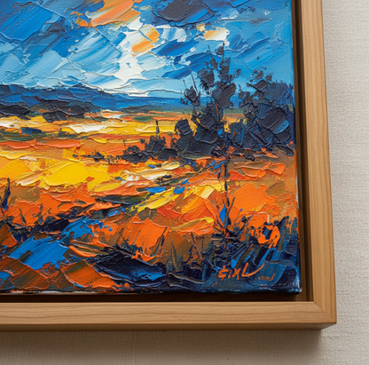 Abstract landscape painting with orange, blue, and yellow colors in a wooden frame.
