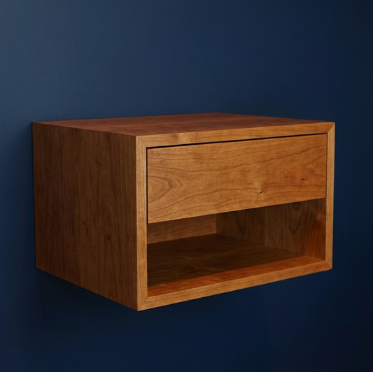 Wooden nightstand with a drawer against a dark blue background