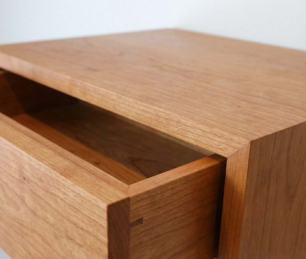 Wooden drawer with a light wood finish on a plain background