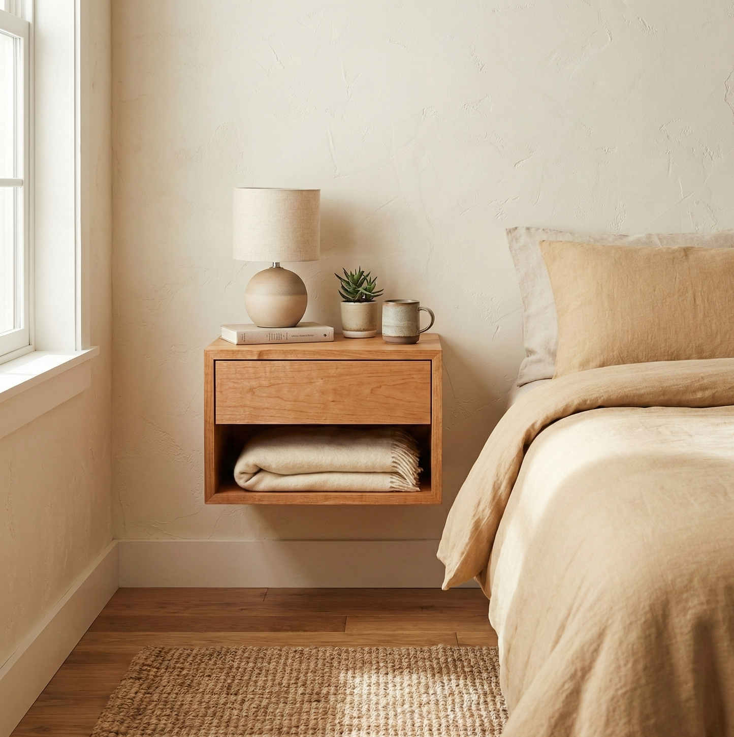 Wooden nightstand with lamp, plant, and mug next to a bed in a bedroom.