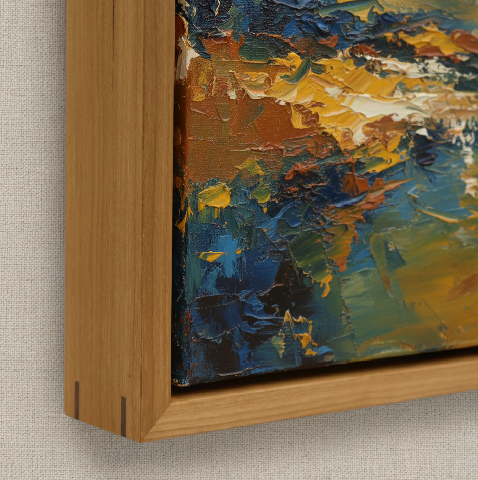 Abstract painting with a wooden frame on a textured wall.