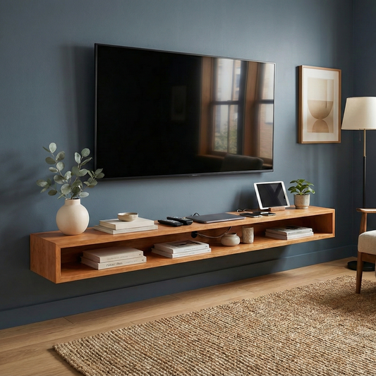 Modern living room with a wooden TV stand, television, and decorative items against a blue wall.