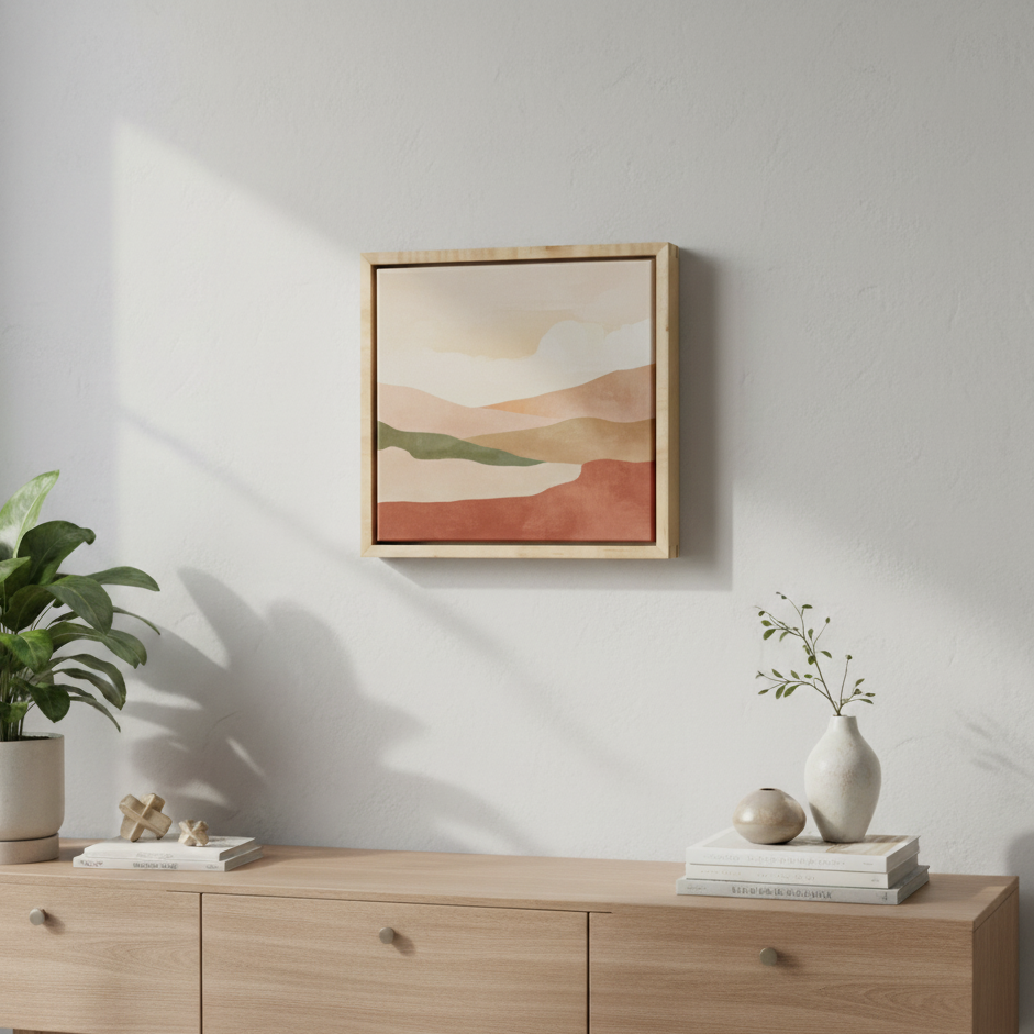 Framed abstract artwork on a wall above a wooden console table with decorative items.