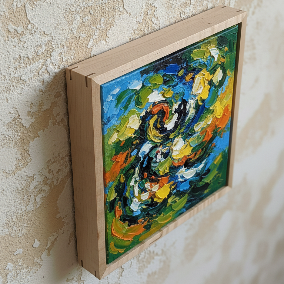 Colorful abstract painting in a wooden frame on a textured wall.