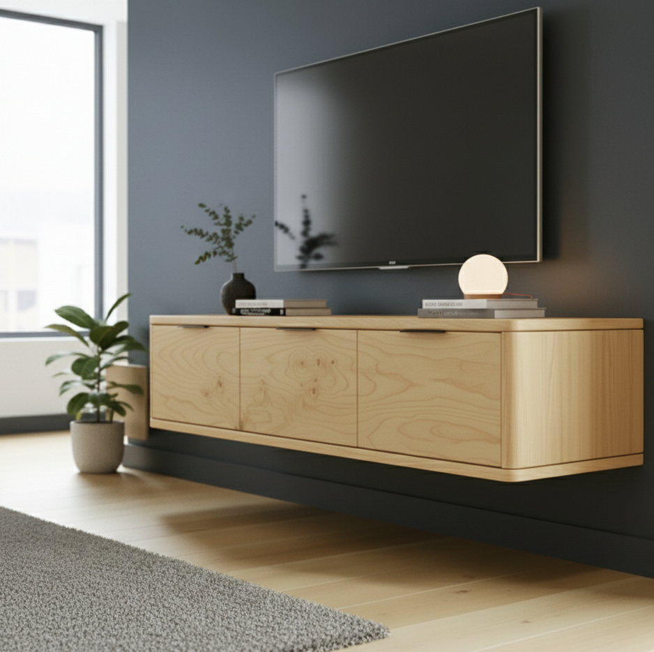 Wooden TV stand with a television mounted on a dark wall in a modern living room.