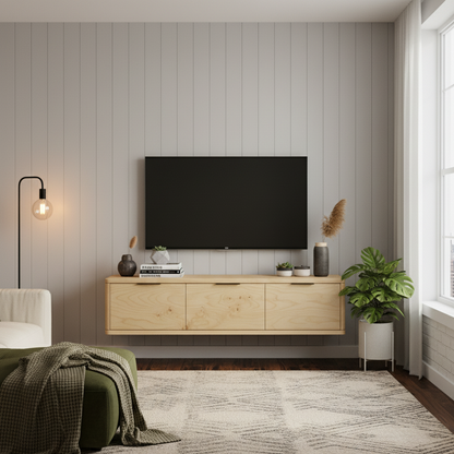 Modern living room with a wooden TV stand, television, and decorative items.