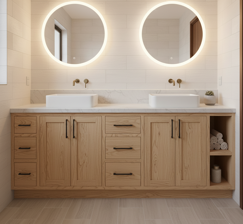 Bathroom vanity with wooden cabinets, round mirrors with lights, and white countertop.