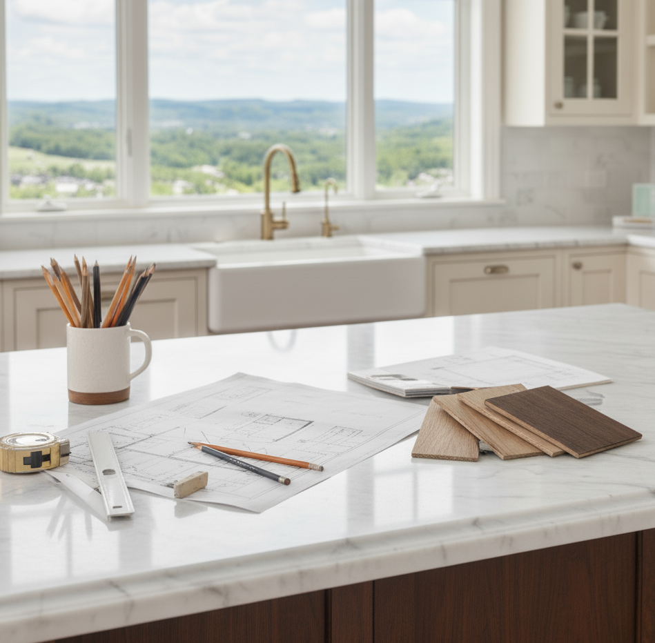 Kitchen counter with architectural plans, pencils, and wood samples