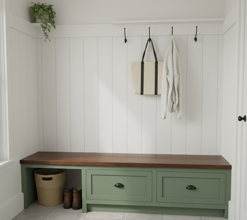 Mudroom with wooden bench, hooks, and storage cabinets.