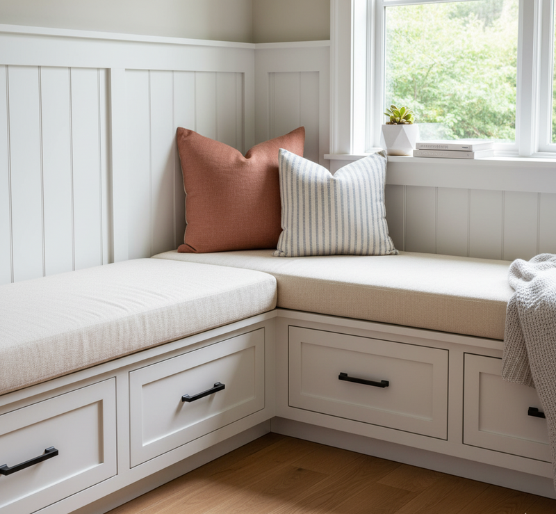 Corner bench with cushions and pillows in a room with a window and plant.