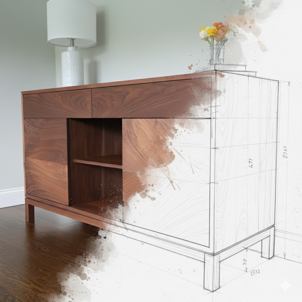 Wooden sideboard with a white line drawing overlay on a plain background