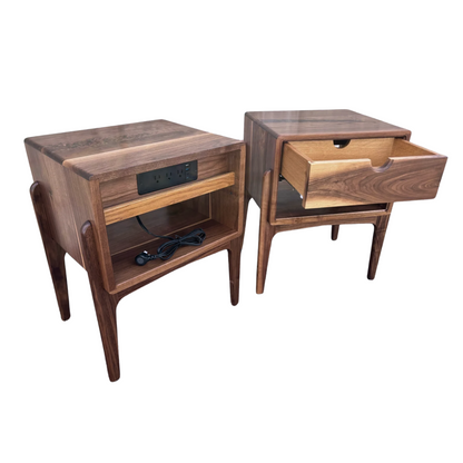 Mid-Century Walnut Nightstand – Hidden Outlet & Soft-Close Drawer