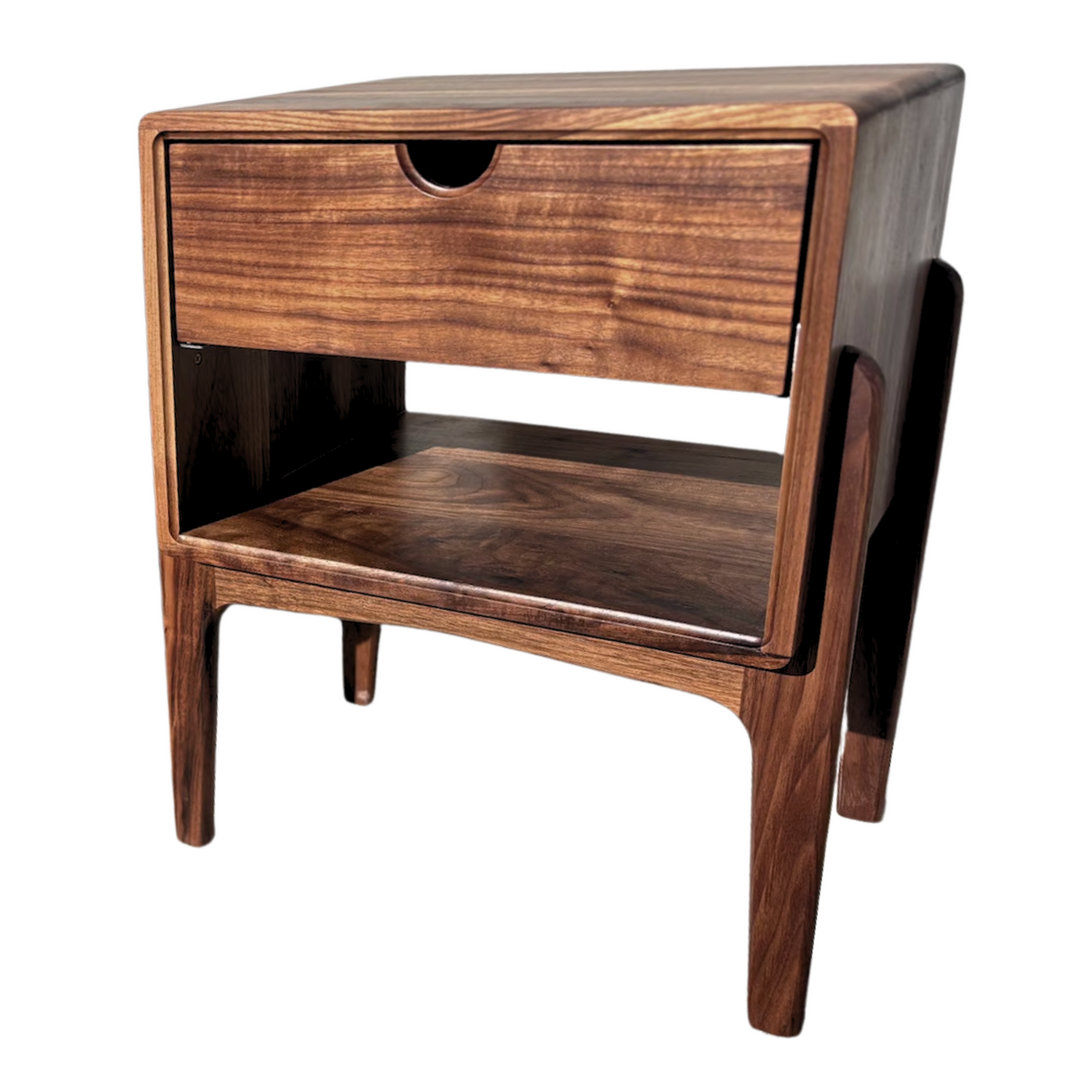 Mid-Century Walnut Nightstand – Hidden Outlet & Soft-Close Drawer