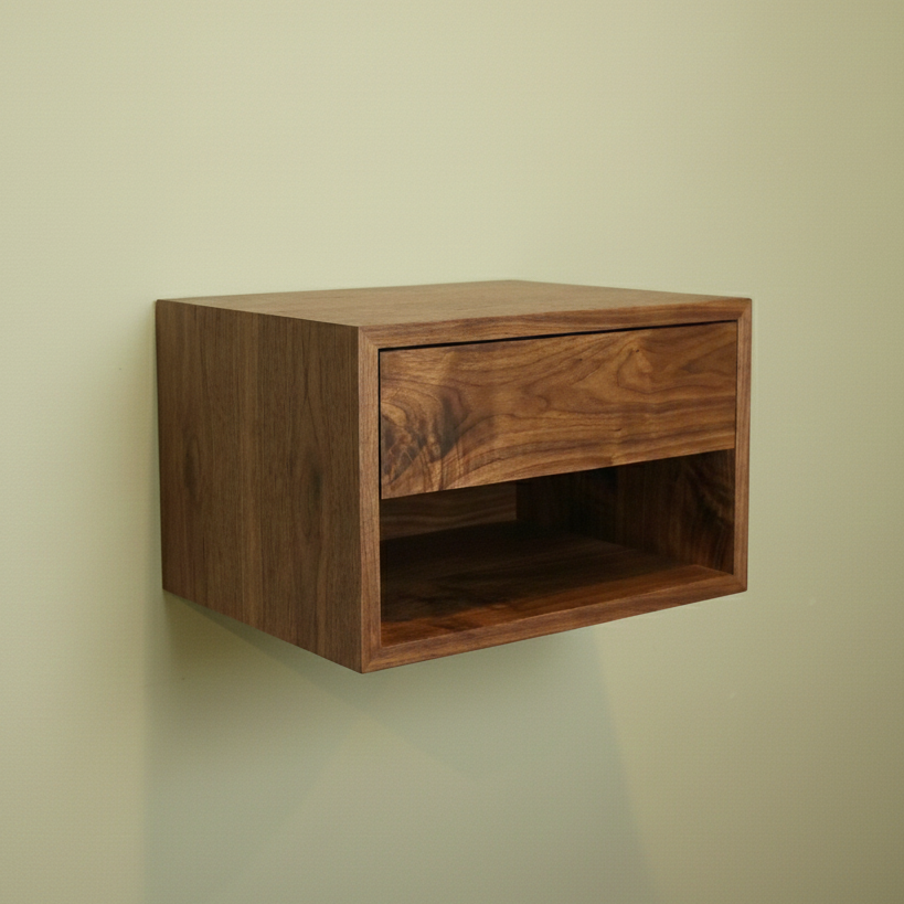 Wooden wall-mounted cabinet with a drawer on a beige background