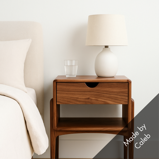 Mid-Century Walnut Nightstand – Hidden Outlet & Soft-Close Drawer