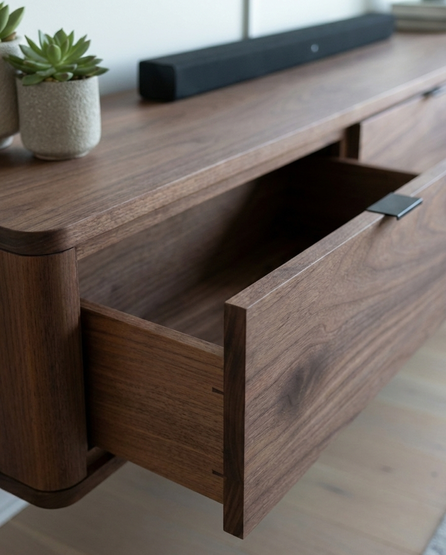 Wooden TV stand with open drawer, soundbar, and potted plant in the background.