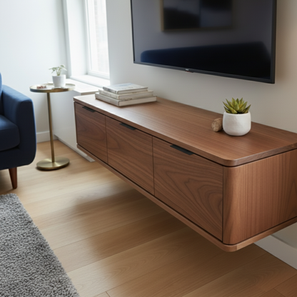 Wooden TV stand in a living room with a television mounted on the wall.