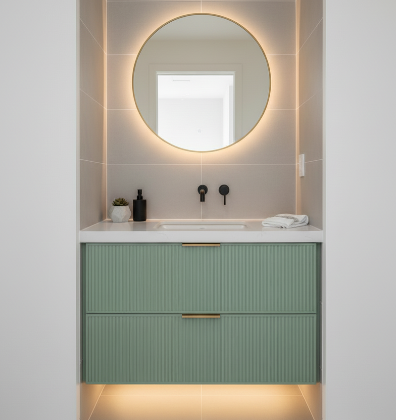 Bathroom vanity with round mirror and green cabinets