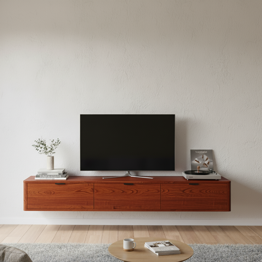 Modern living room with a wooden TV stand and a television mounted on the wall.
