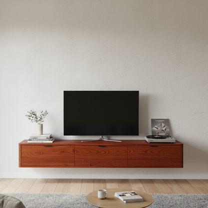 Modern living room with a wooden TV stand and a television mounted on the wall.