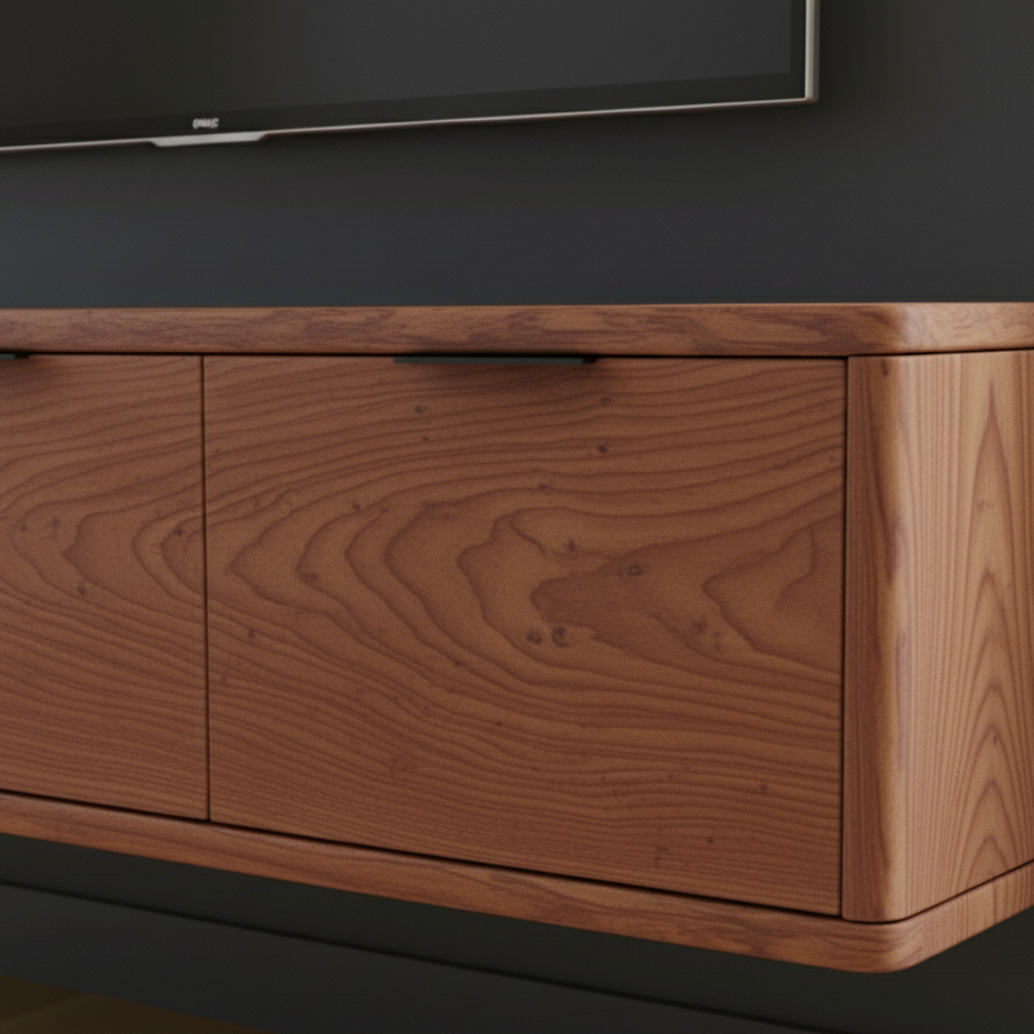 Wooden TV stand with a dark wall background