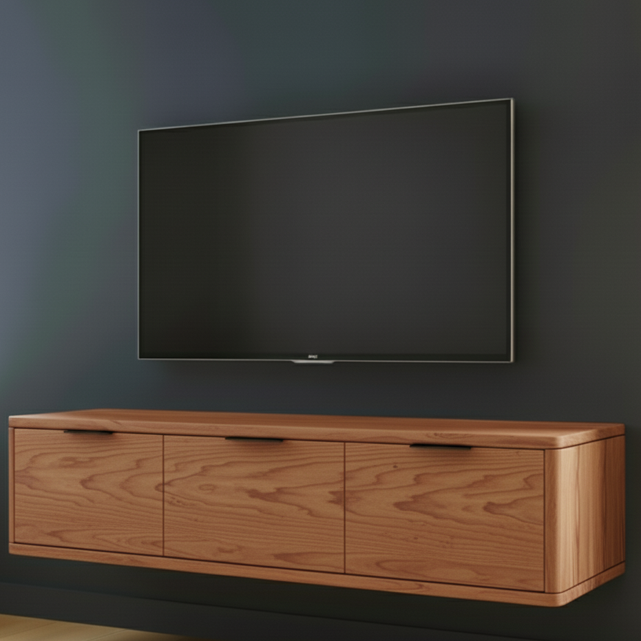 Wooden TV stand with a mounted flat-screen TV against a dark wall.