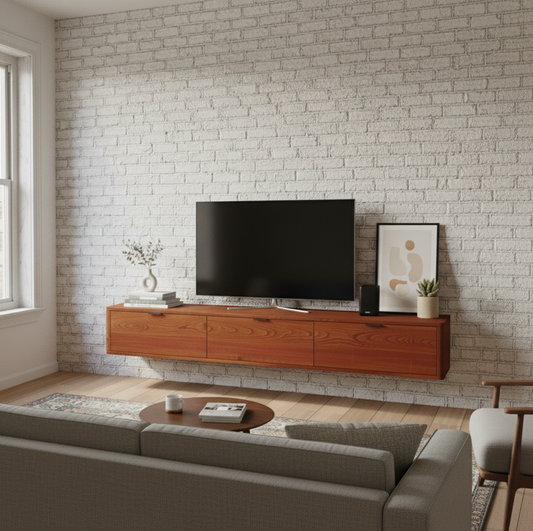 Modern living room with a wooden TV stand, gray sofa, and white brick wall.