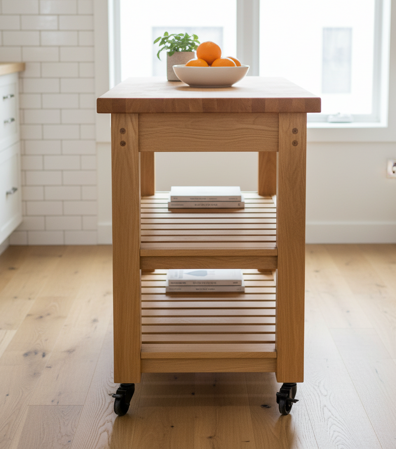 Wooden kitchen island cart with shelves in a kitchen setting