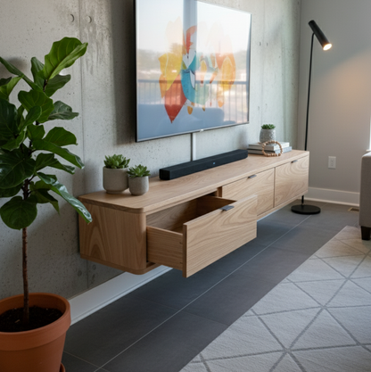Modern living room with a wooden TV stand, potted plants, and a colorful painting on the wall.