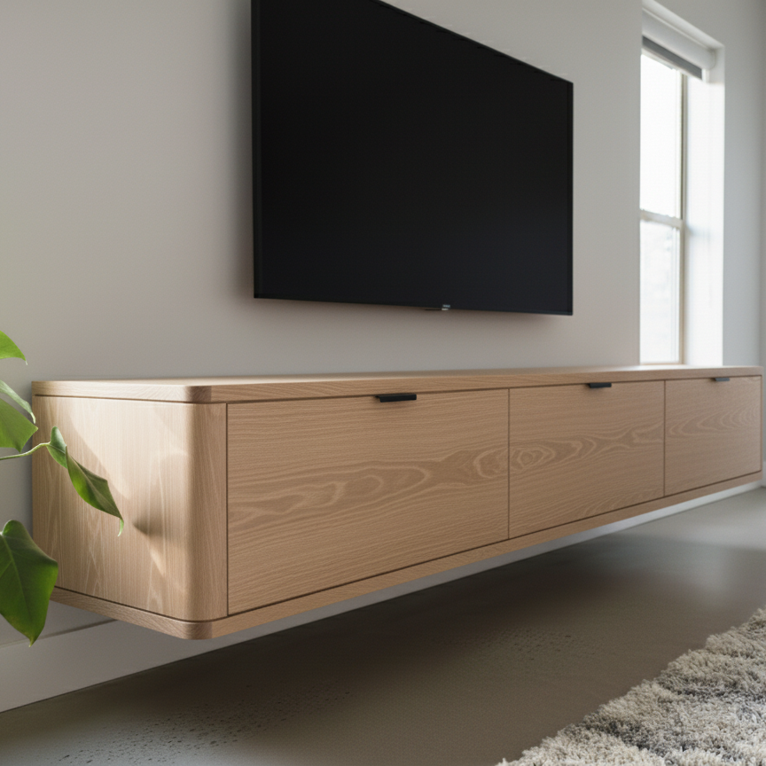 Wooden TV stand with a mounted television in a modern living room.